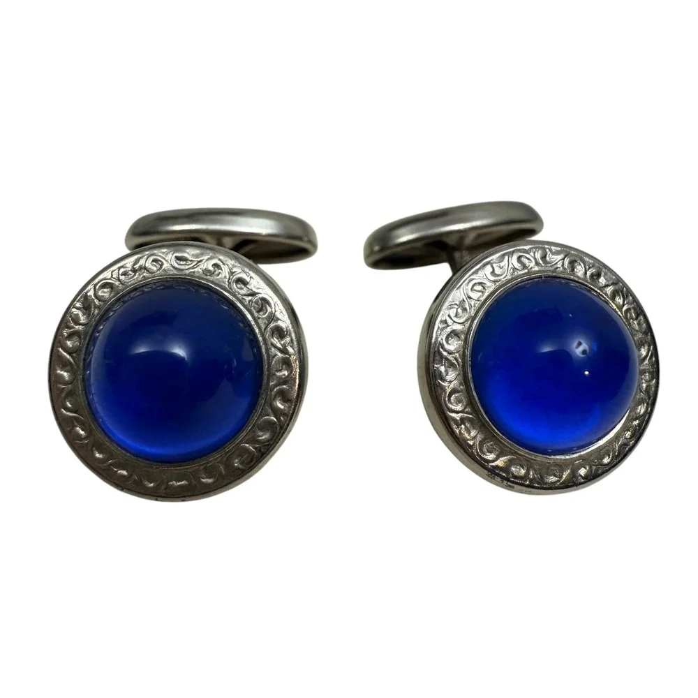 Vintage Cufflinks Blue Stone Silver Tone Round Formal Mens Jewelry